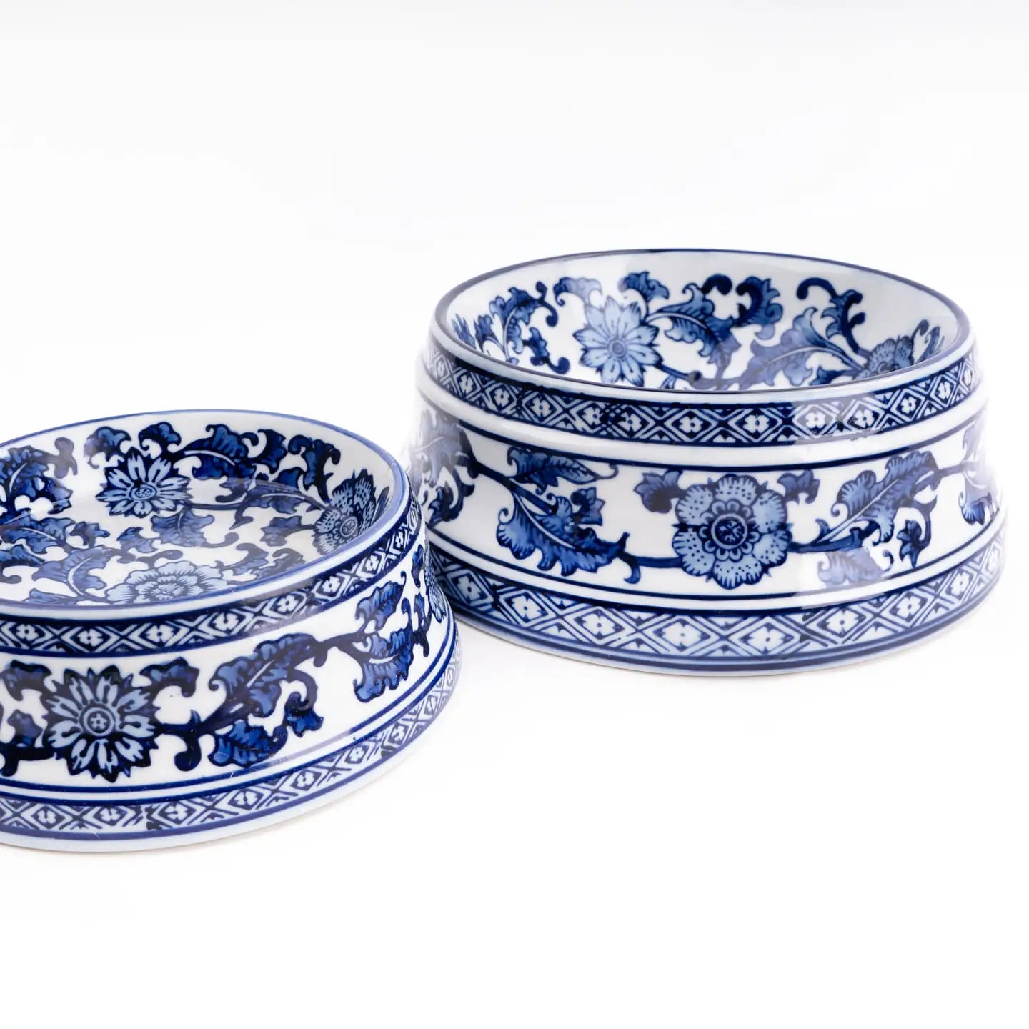 blue and white chinoiserie dog bowls