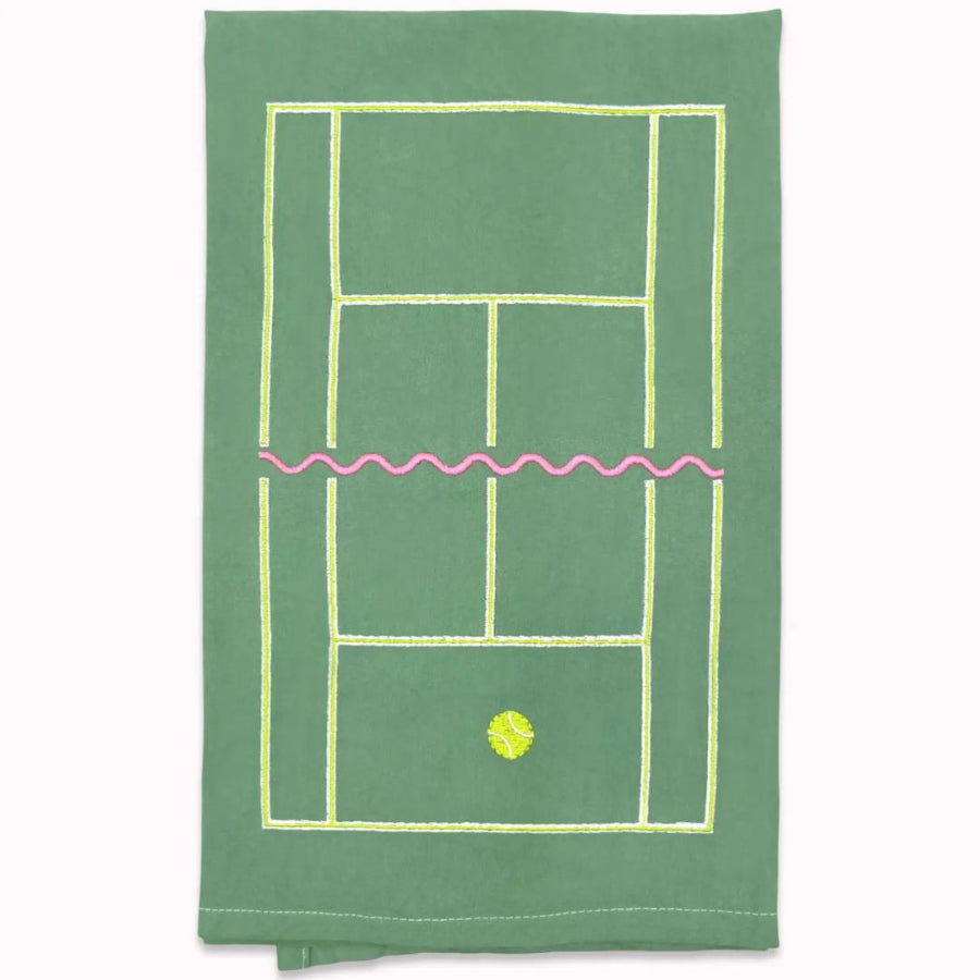 Green towel with tennis court design on a white background