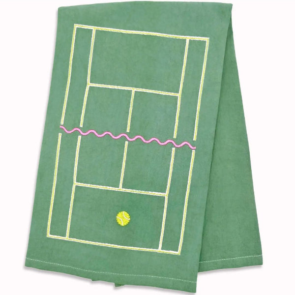 Green towel with tennis court design and yellow ball on a white background