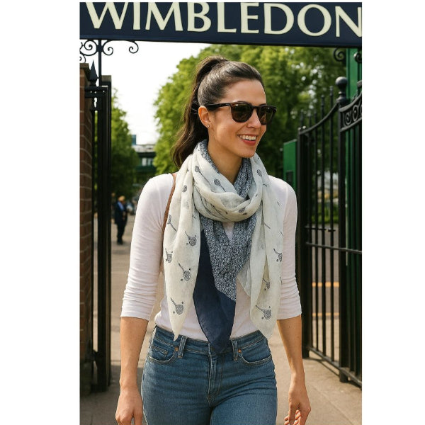 Woman wearing a tennis patterned scarf in front of a Wimbledon sign