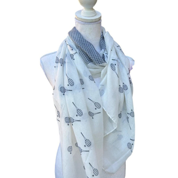 White scarf with tennis racket print 
