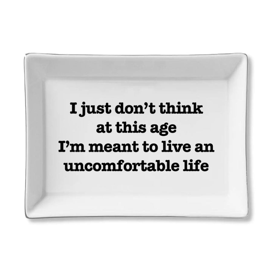 White rectangular plate with black text on a white background