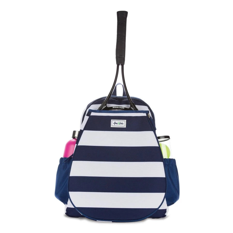 blue and white tennis backpack
