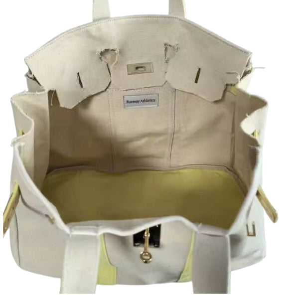 Interior of canvas boatkin bag in yellow