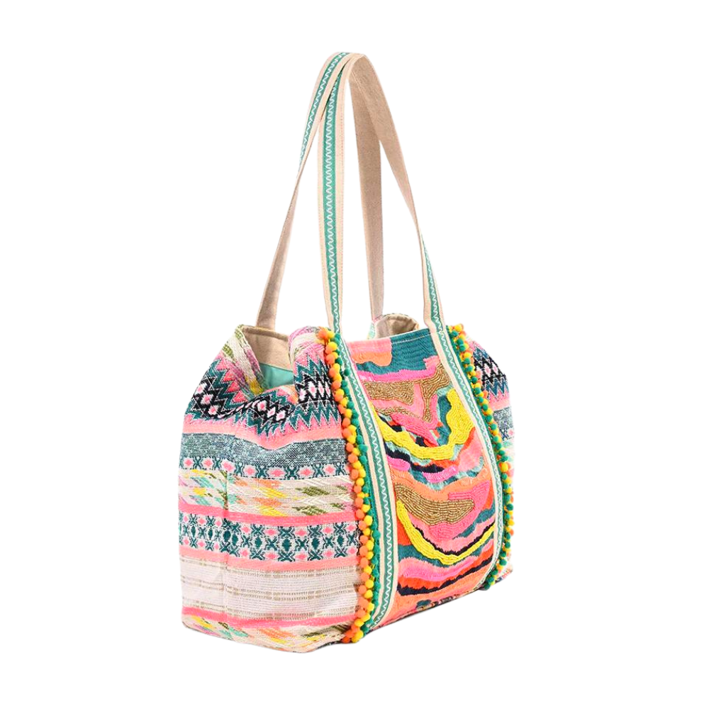 colorful beaded pink and teal tote bag