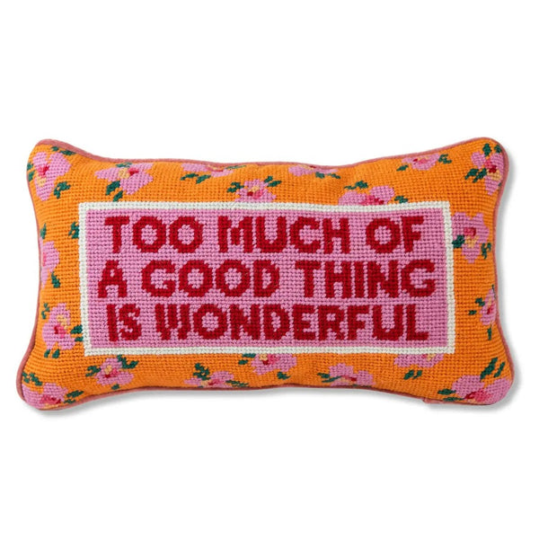 funny needlepoint pillow in pink