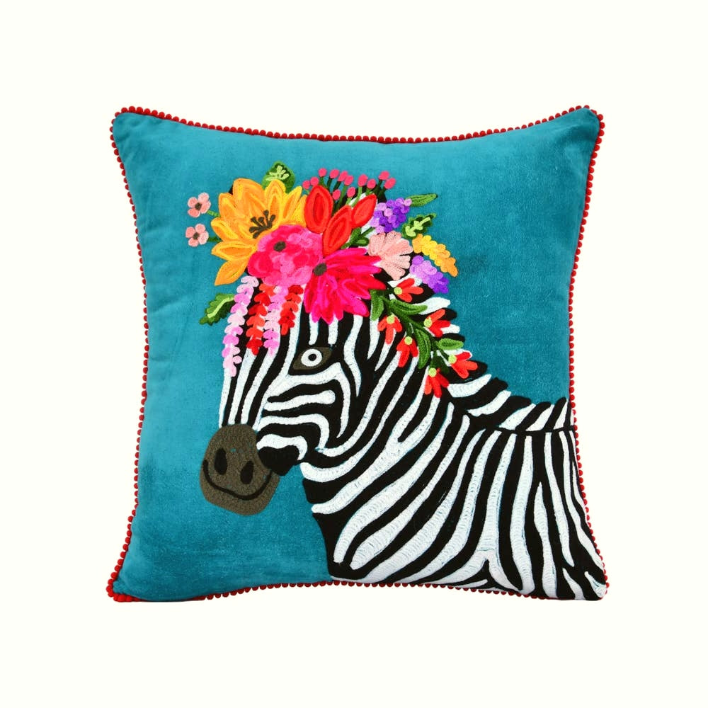 velvet embroidered zebra throw pillow