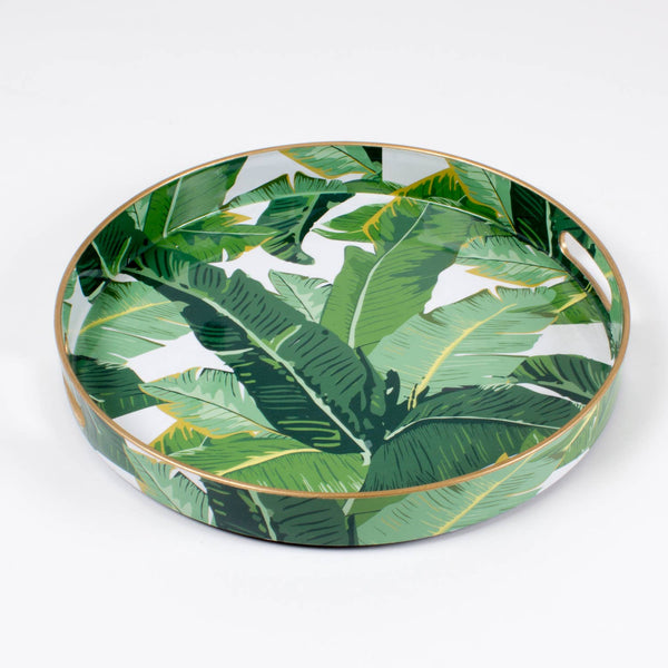 green leaves round tray