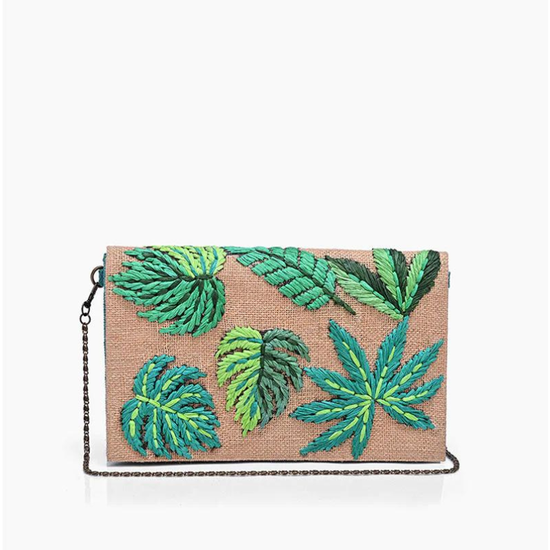 green leaf embroidered clutch