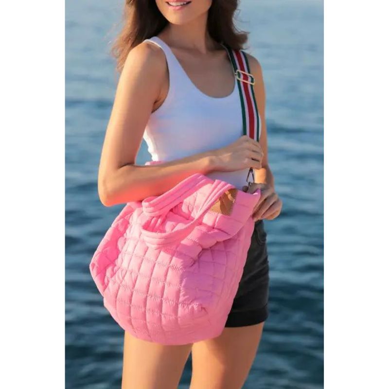 pink tote bag with model