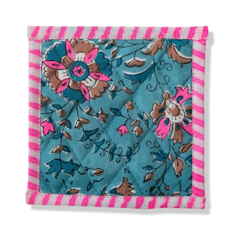blue and pink fabric coasters
